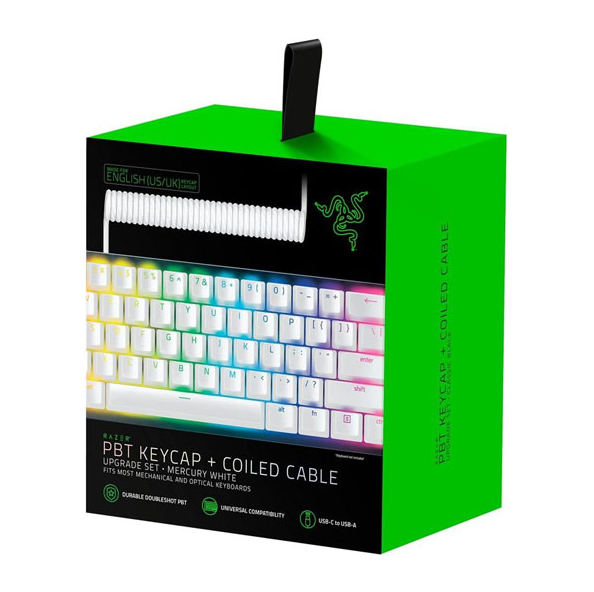 RAZER PBT KEYCAP + COILED CABLE (MERCURY WHITE) / KIT DE 120 TECLAS INGLES / DOUBLESHOT KEYCAP / COMPATIBILIDAD UNIVERSAL / USB-C A USB-A